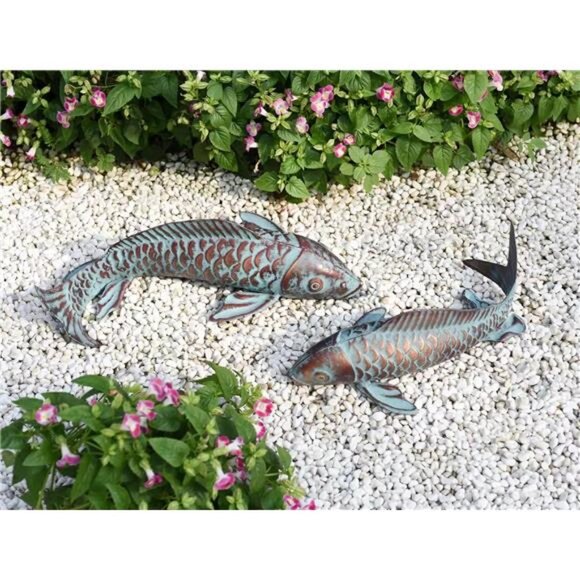 Set of 2 Koi Fish Decor Outdoor Statues Sculptures Antique Copper Garden Fish